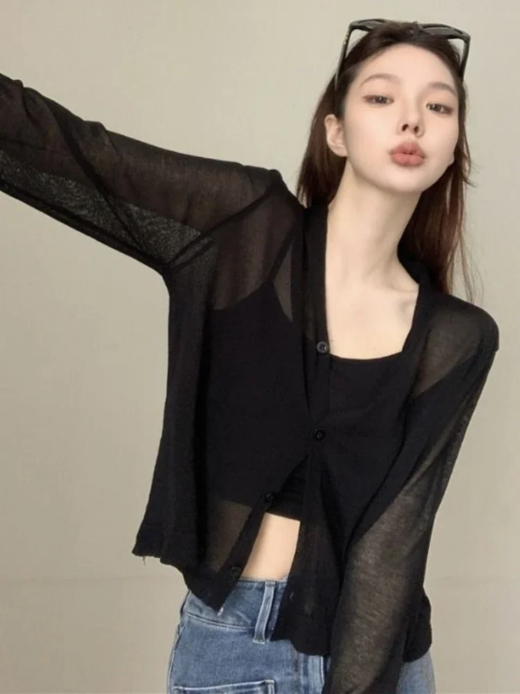 Cardigan Women Sheer Solid 4 Colors Designed Ins Simple All-match Sunscreen Daily Creativity Basics Korean Style Leisure Sweet