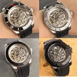 40mm Tandorio NH70 NH72 Movement Men Automatic Watch Silver/Black Hollow Dial Dive 20BAR Waterproof  Curved Rubber Band