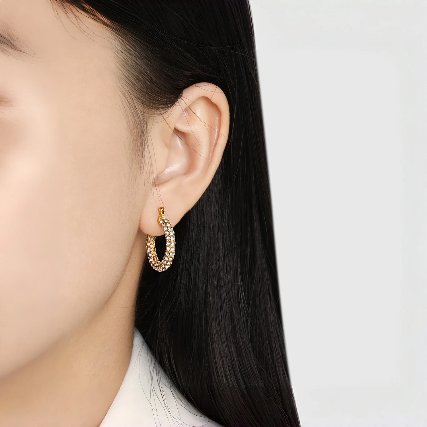 French Classic Hoop Earrings, Full CZ 18K Gold Plated Stainless Steel, Elegant Luxury Party Jewelry for Women Hypoallergenic
