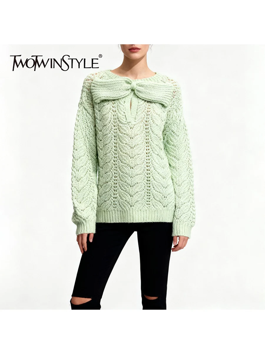 

TWOTWINSTYLE Solid Loose Spliced Bowknot Casual Sweaters for Women Round Neck Long Sleeves Hollow Out Fashion Sweater Female New