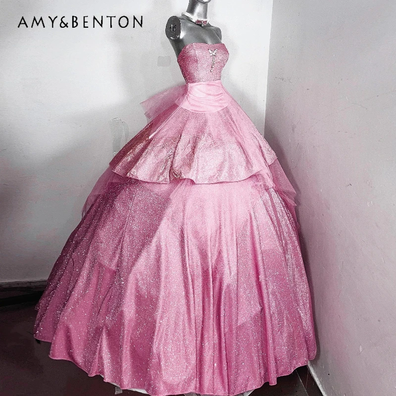 

Original Design Pink Sparkling Sequin Gorgeous Princess Dress French Retro Temperament Evening Gown Floor-Length Dress Ladies