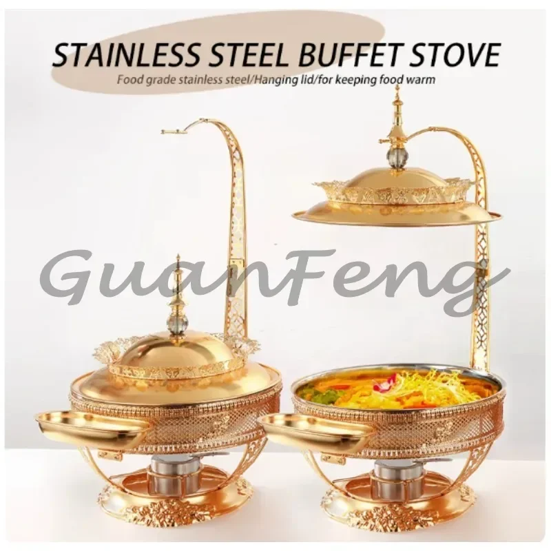 304 Stainless Steel Hanging Chafing Dish, Golden Buffet Food Warmer with Lid for Hotel