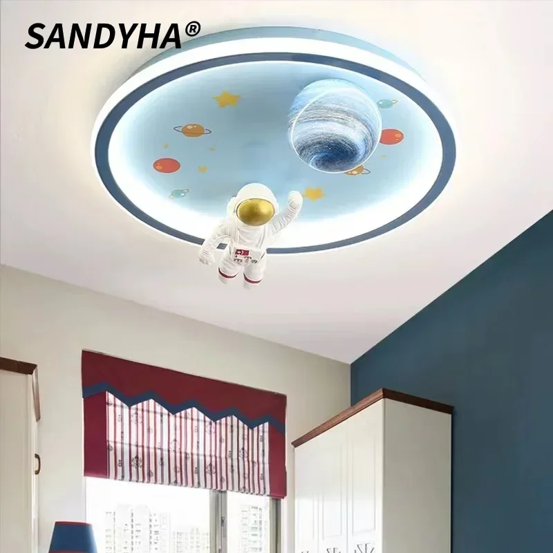 SANDYHA Cartoon Astronaut LED Ceiling Light Nordic Dream Space Children's Room Lamps Boy Bedroom Creative Decor Lighting Fixture