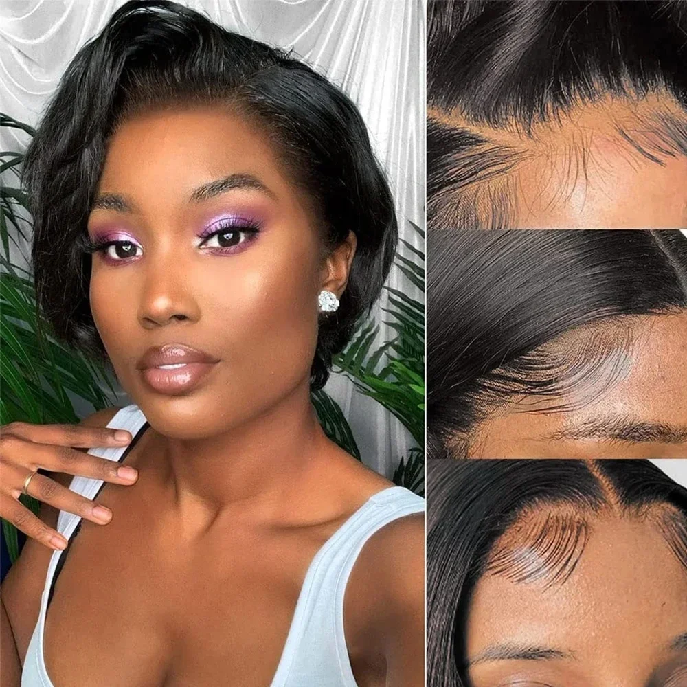 Wig Rambut Asli Malaysia 13x4 Lace Wig Model Pixie Cut dengan Belahan Samping, Wig Bob Lurus dengan Belahan Samping dan Lace Transparan untuk Wanita Kulit Hitam
