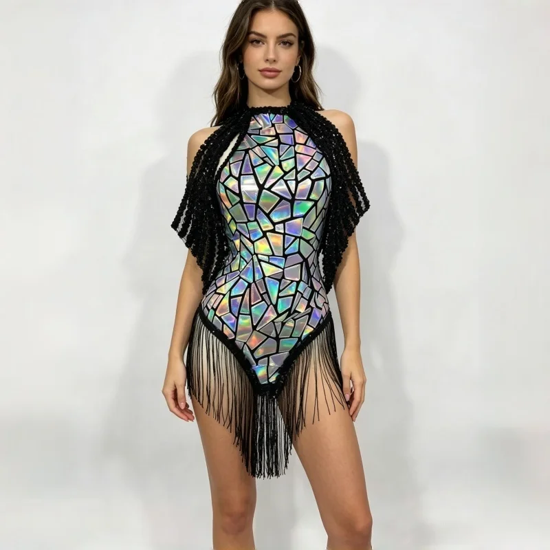 

Sexy Backless Glitter Laser Sequins Tassel Dress for Nightclub Bar DJ Gogo Dance Performance Glittery Festival Party Costume