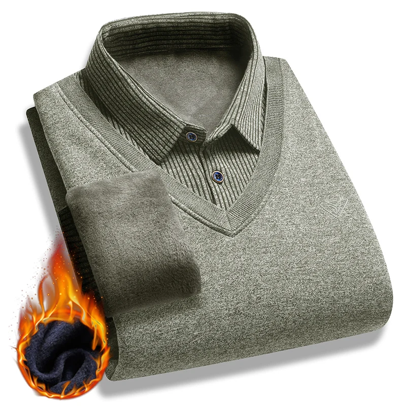 New Mens Fleece Polo Collar Sweater Fake 2 Pieces Patchwork Velvet Pullovers Slim Fit Tops Elegant Knitted Sweaters