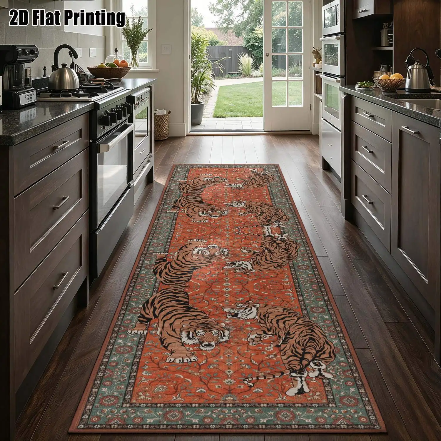 1Pc 2D Printed Red Tiger Pattern Strip Runner Carpet Vintage, Bohemian, Geometric Striped, European Style, Home Decor, Multi-Size, Machine Washable, for Entrance, Living Room, Bedroom, Hallway.