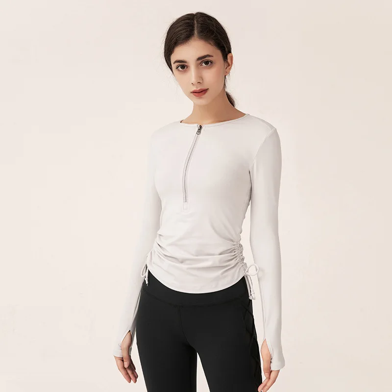 Quick Dry Long Sleeve Sports Shirts Women Yoga Gym Fitness Half Zipper Slim Both Side Drawstring Elastic Tops