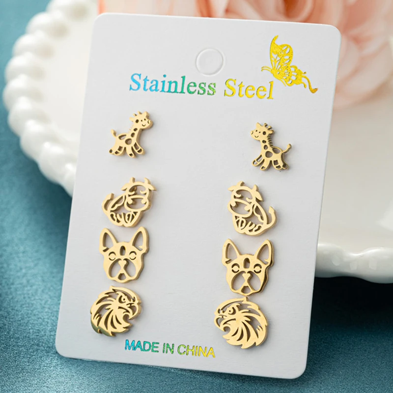 動物のイヤリングセット,女性用,ステンレス鋼,かわいい,キリン,犬,イーグルヘッド,パーティージュエリー,ファッションギフト,1セットあたり4ペア