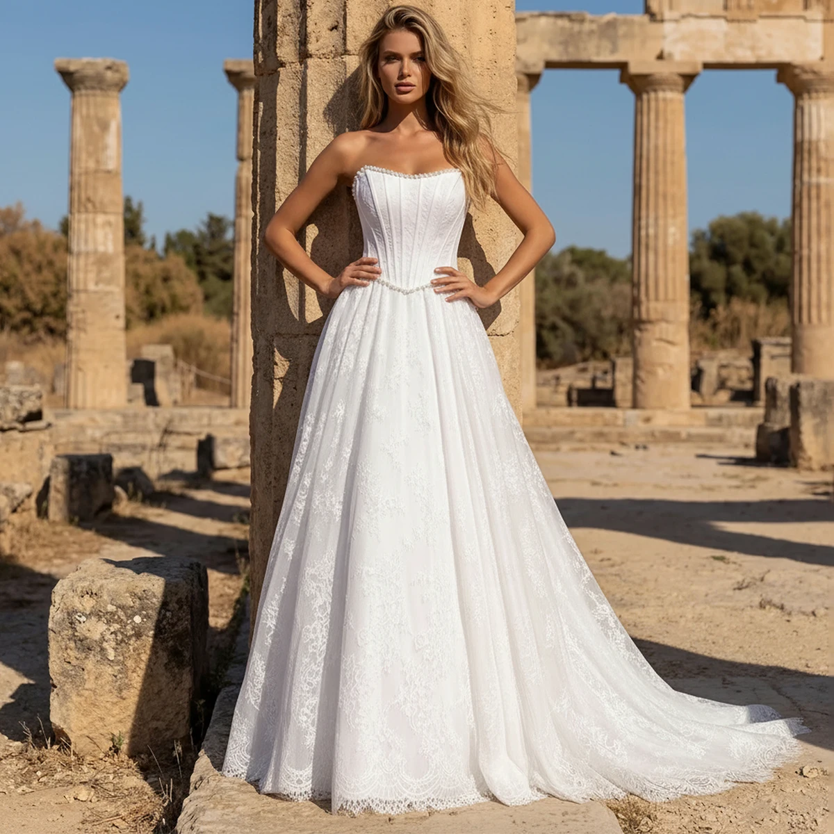 

Luxury Lace Strapless Wedding Dresses For Women 2025 Long Pearl Pleated Ball Gown Vestidos Novia Backless Bridal Gown For Bride