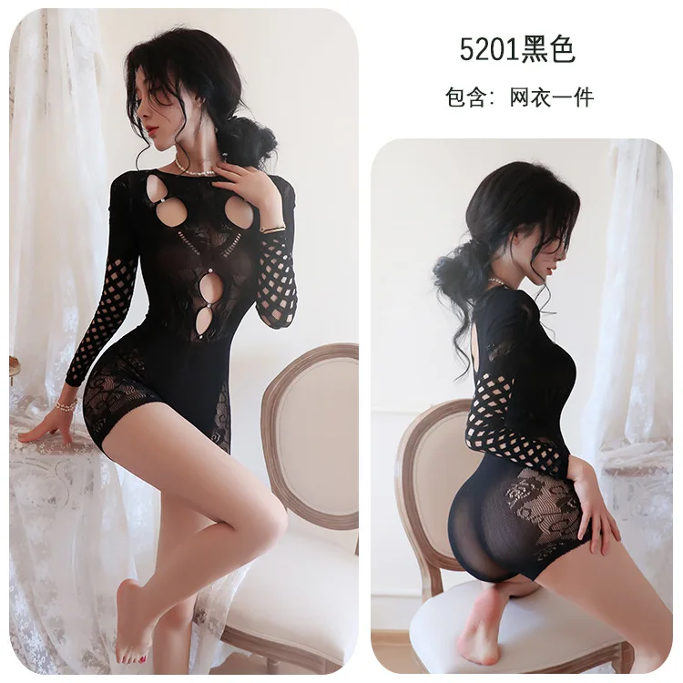 

Long Night Sexy Lingerie Temptation Export See-Through Hollow-Out Long-Sleeve Tight-Fitting Bodycon Dress Qqny Female 5201