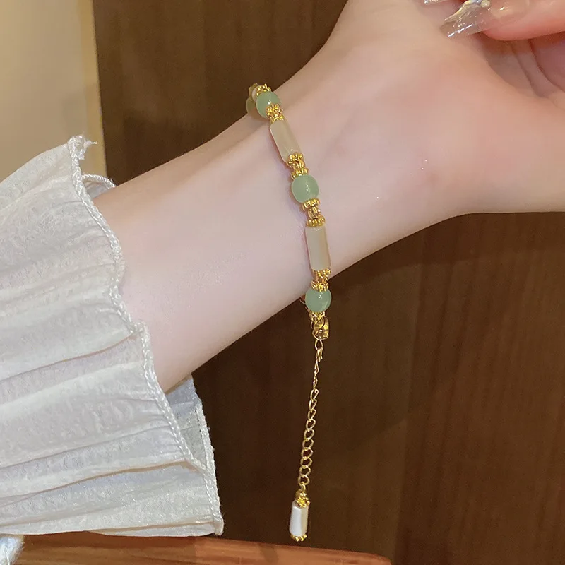 Женский браслет-цепочка из натурального бамбука, с бусинами Женский браслет-цепочка из натурального бамбука, с бусинами