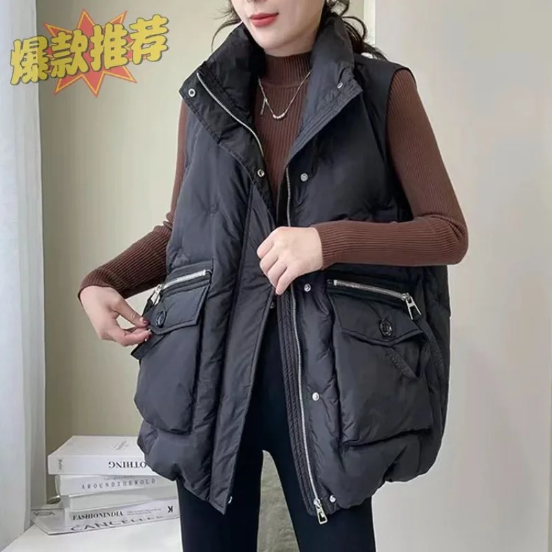 Women's Autumn Winter Down Cotton Vest Loose Fit Waistcoat Outerwear Fashionable Stylish Large Pockets Embroidery Waistcoat Vest