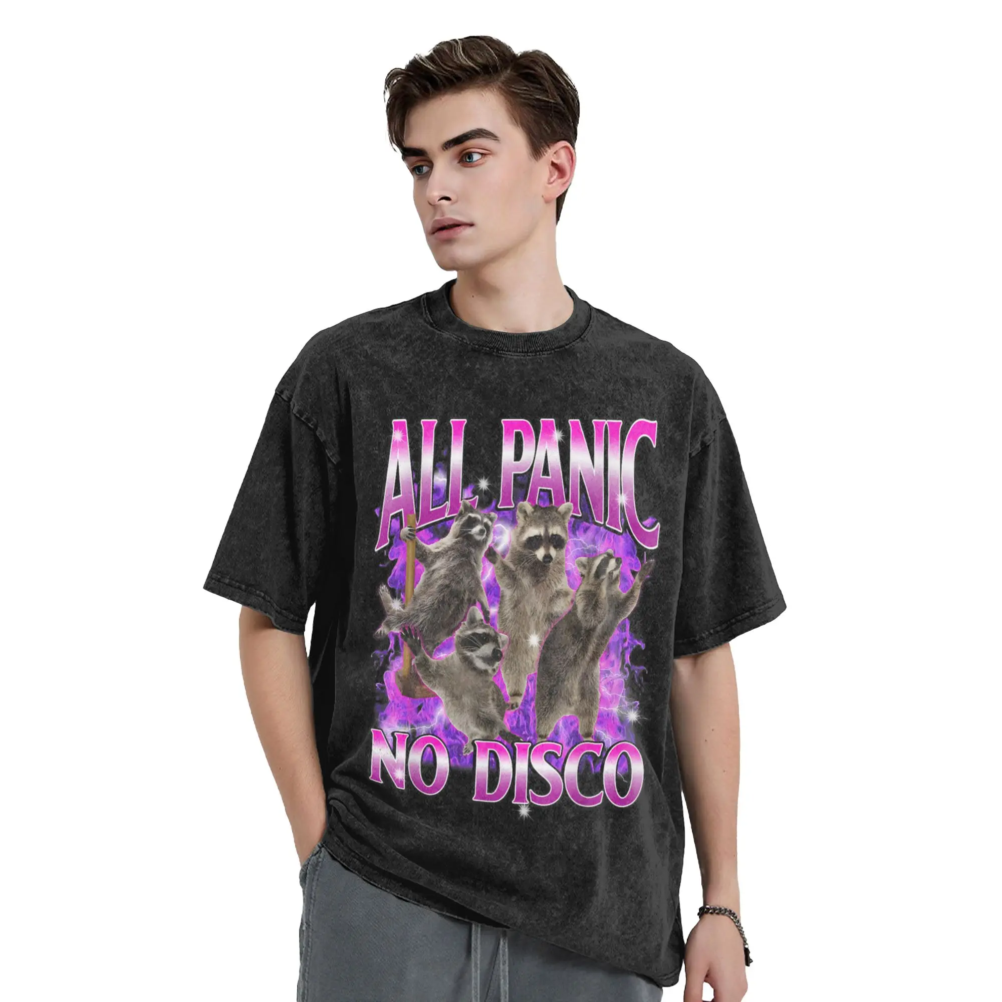 

Oversized Washed T-Shirt All Panic No Disco Raccoon Meme Ahh Meme Cotton T Shirts Hipster Tee Shirt for Men Summer Casual Tees