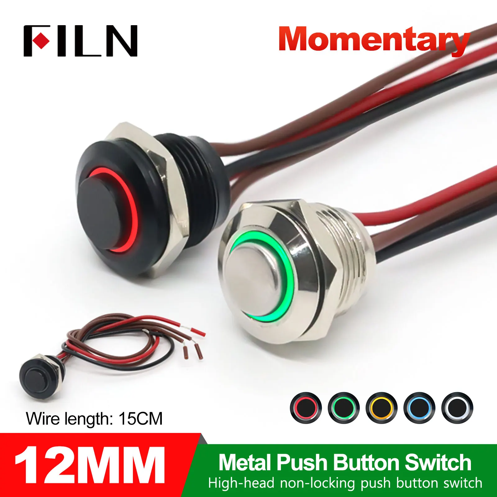 FILN 12mm Stainless Steel Push Button Switch 12V 24V Self-Reset Momentary LED Illuminated High Head Short Stroke Elevator