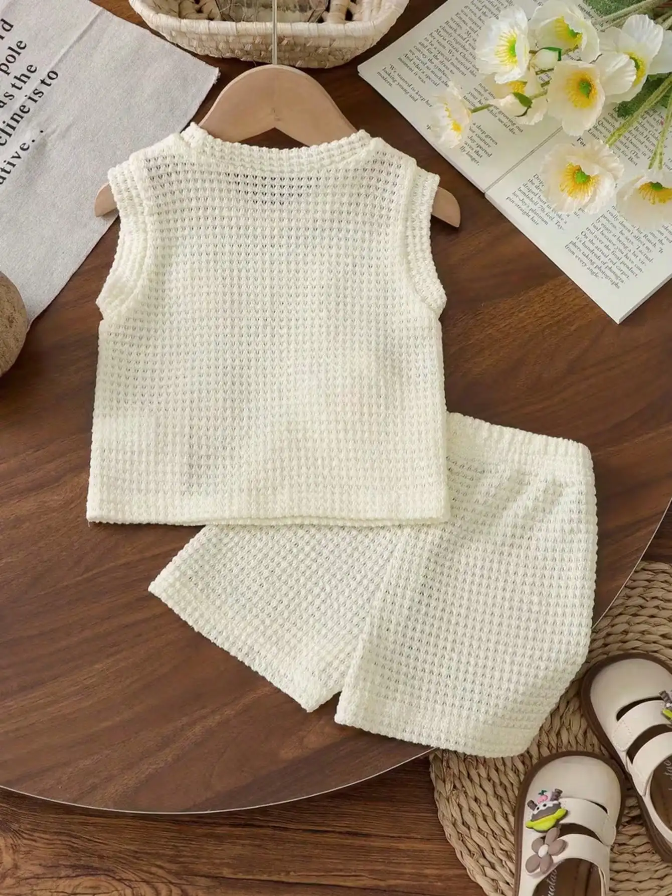 Kids' Fruit Patterned round Neck Sleeveless Knitted Top And Solid Color Shorts Set with Elastic Waistband