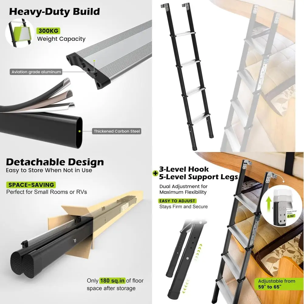 

8-Step Heavy-Duty Adjustable Bunk Ladder, 59-65, Anti-Slip, Steel-Aluminum, for Campers, Dorms, Kids' Rooms