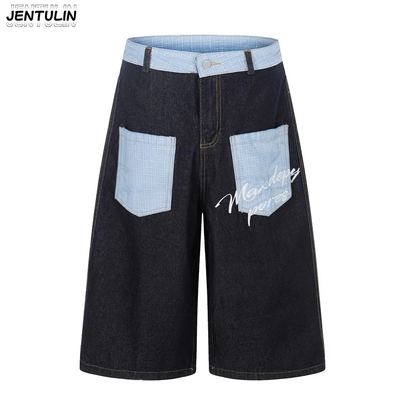 

Retro Blue Grid Spliced Cowboy Mid Pants Heavy duty Raw Material Cowboy Wide Leg Shorts Harajuku Summer Slimming Style Y2k