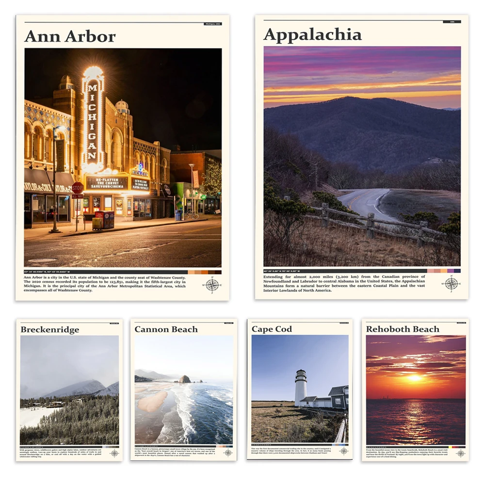 Cape May, Boston, Boise, Atlanta, Ann Arbor, Cannon Beach, Lewes, Cape Cod, Breckenridge, Kalamazoo, Appalachian travel posters