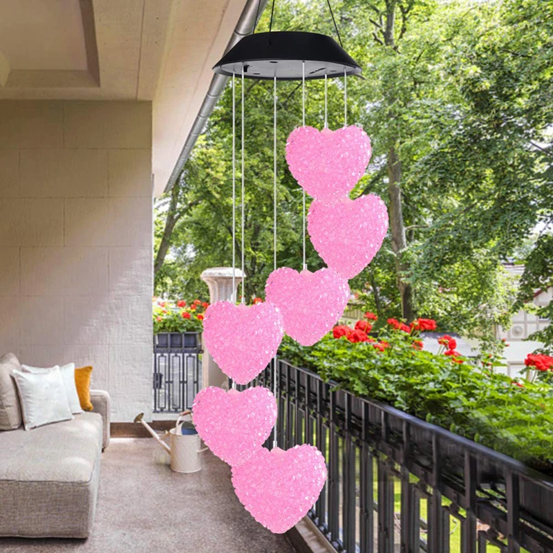 Campana a vento solare a forma di cuore che cambia colore luce a sospensione a luce solare campana a vento per lampada solare da giardino per feste all'aperto