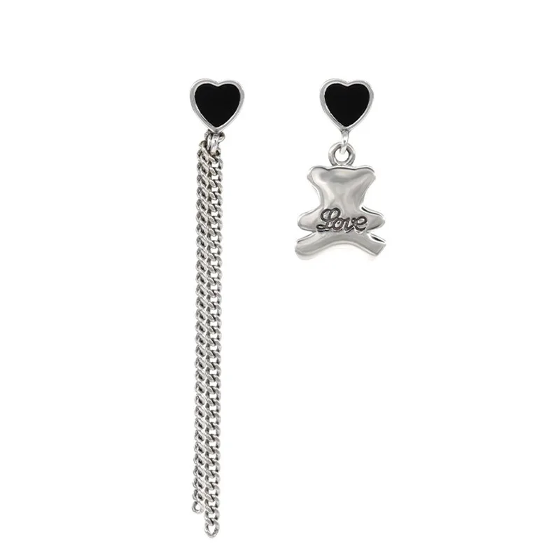 Sweet Little Bear Animal & Love Heart Asymmetrical 925 Silver Needle Female Tassels Stud Earrings Jewelry For Women Gifts