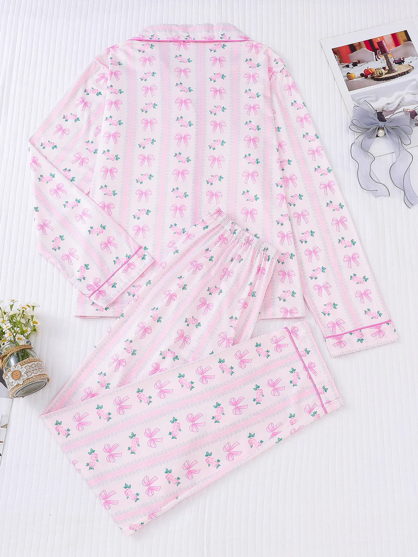 Pink bow women\'s pajamas set long sleeved cardigan top and loose pants comfortable women\'s home clothes