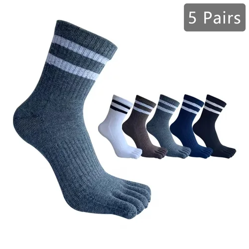 1/5 pares de calcetines de cinco dedos para hombre, calcetines de algodón a rayas, lisos, simples, absorbentes del sudor, antibacterianos, transpirables, cálidos, suaves, elásticos