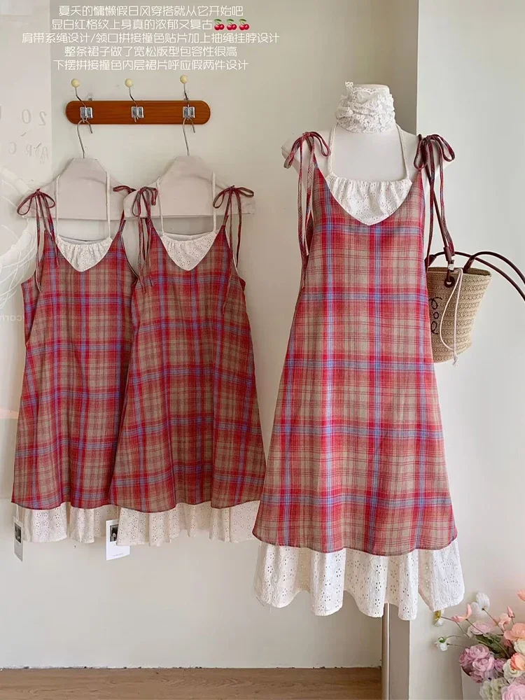 Women Red A-line Plaid Dress 90s Vintage Sleeveless Off Shoulder Dresses Y2k One Piece Frocks 2000s 90s Cutecore Clothes Summer