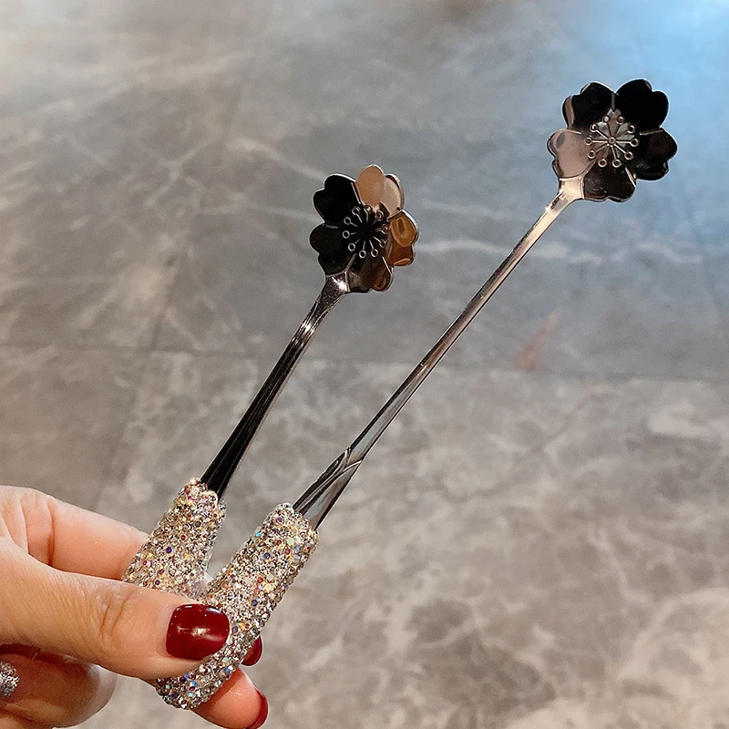 Stainless Steel Dessert Coffee Spoon Bling Diamond Cherry Blossom Stirring Stick Tea Spoon Ice Cream Spoon Western Tableware