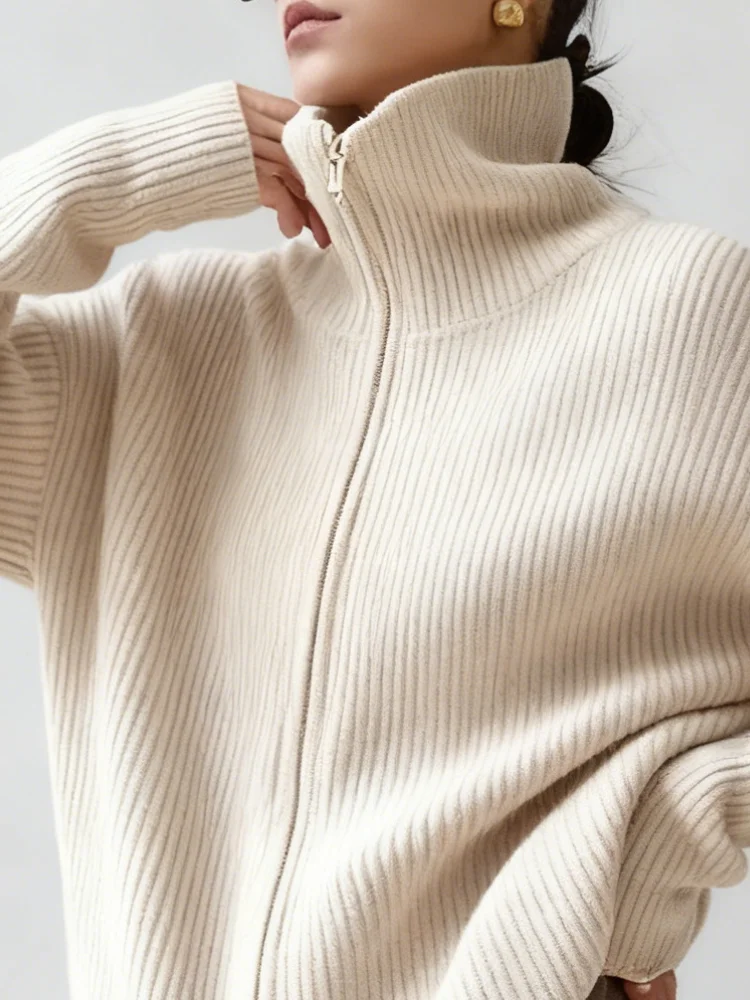 

100% Merino Wool Sweater Women's Cardigan Knitwear Stand-up Collar New Chic Coats Autumn Winter Thick Clothes Casual Female Tops