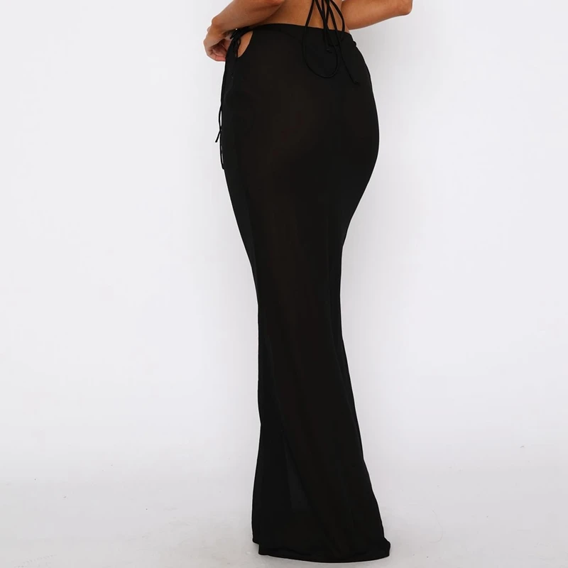 ผู้หญิงฤดูร้อนสบายๆความงามดอกไม้/เสือดาว/Zebra พิมพ์ Sheer ดูผ่าน Tie-up ต่ําเอว Bodycon Mermaid กระโปรงยาว Cover-ups