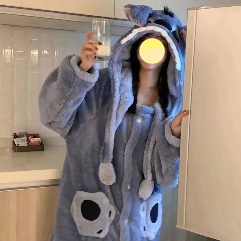 Cute Stitch Home Clothes Women Men Plush Soft Nightgown Robes Y2k Cute Thick Pajamas Kawaii Long Coat Cartoon Flannel Bathrobe