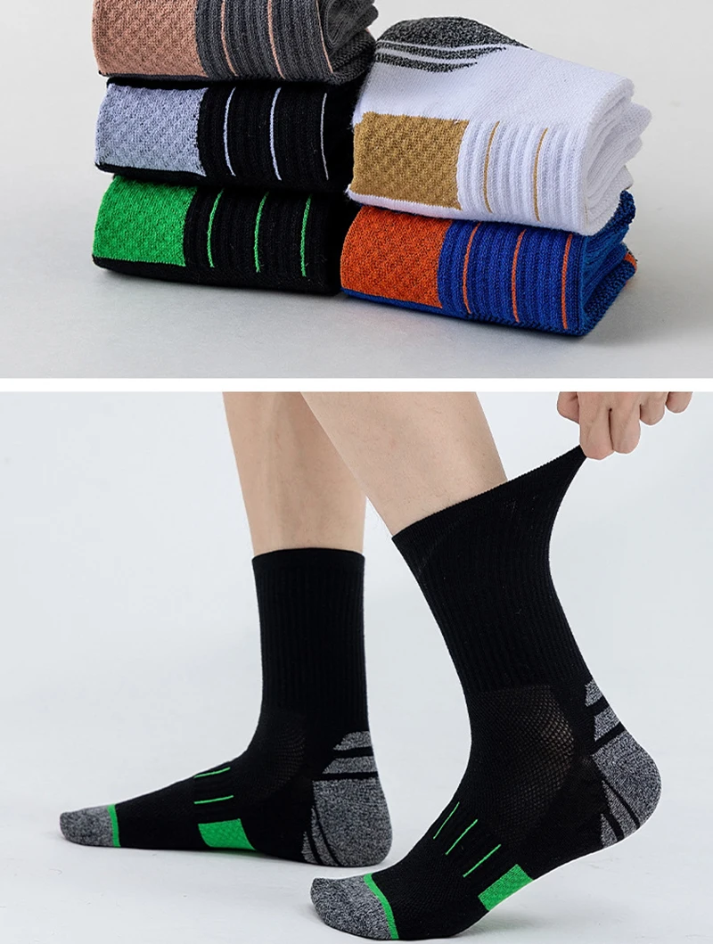 5 Paar Herbst-Herrensocken aus Baumwolle, mittellang, hohe Elastizität, atmungsaktives Mesh, dickes Frottee, schweißableitende Sportsocken – Detail 9