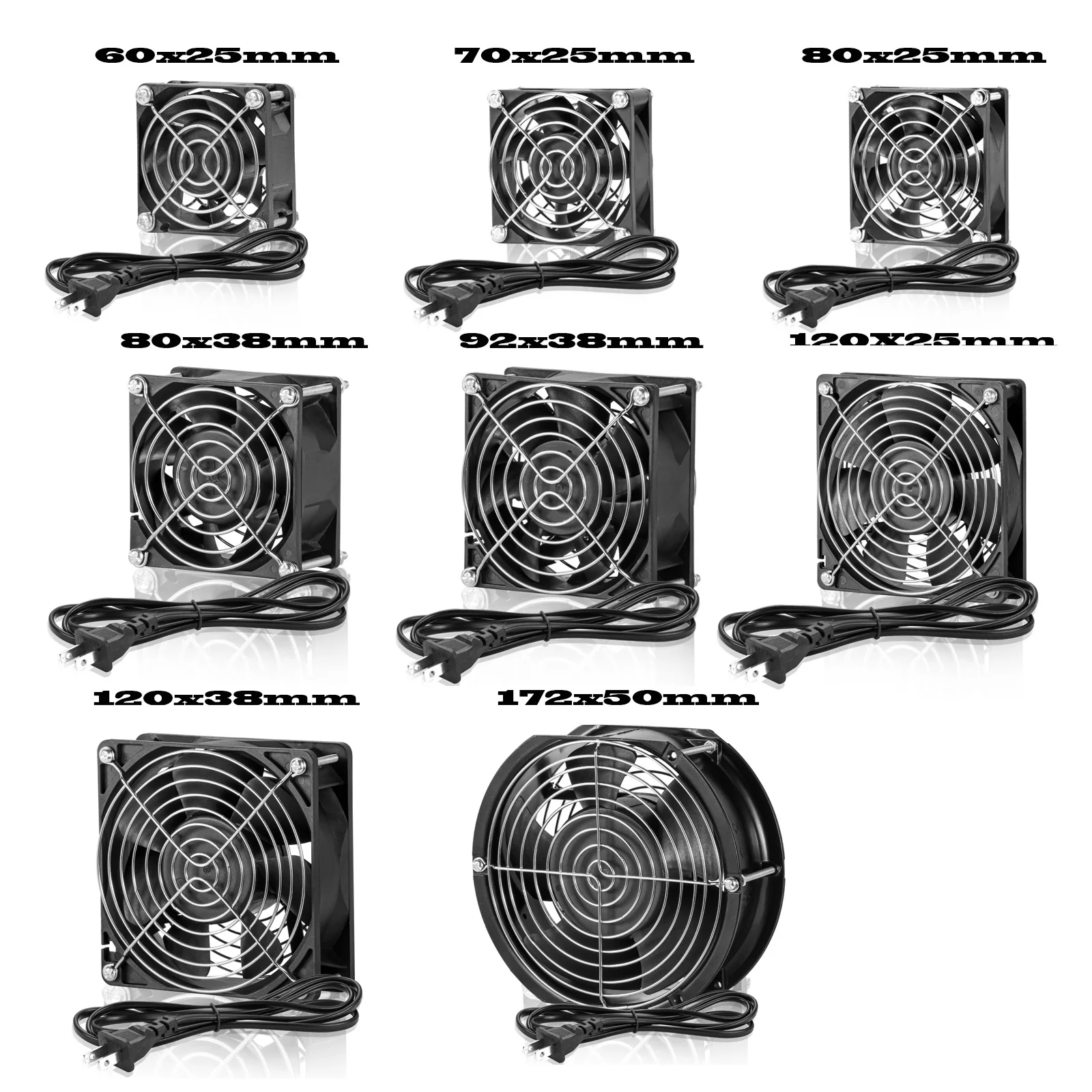 EC 팬 AC 115V 230V 60mm 70mm 80mm 92mm 120mm 172mm 고속 대형 공기 흐름 듀얼 볼 산업용 섀시 팬, 전원 코드 포함 