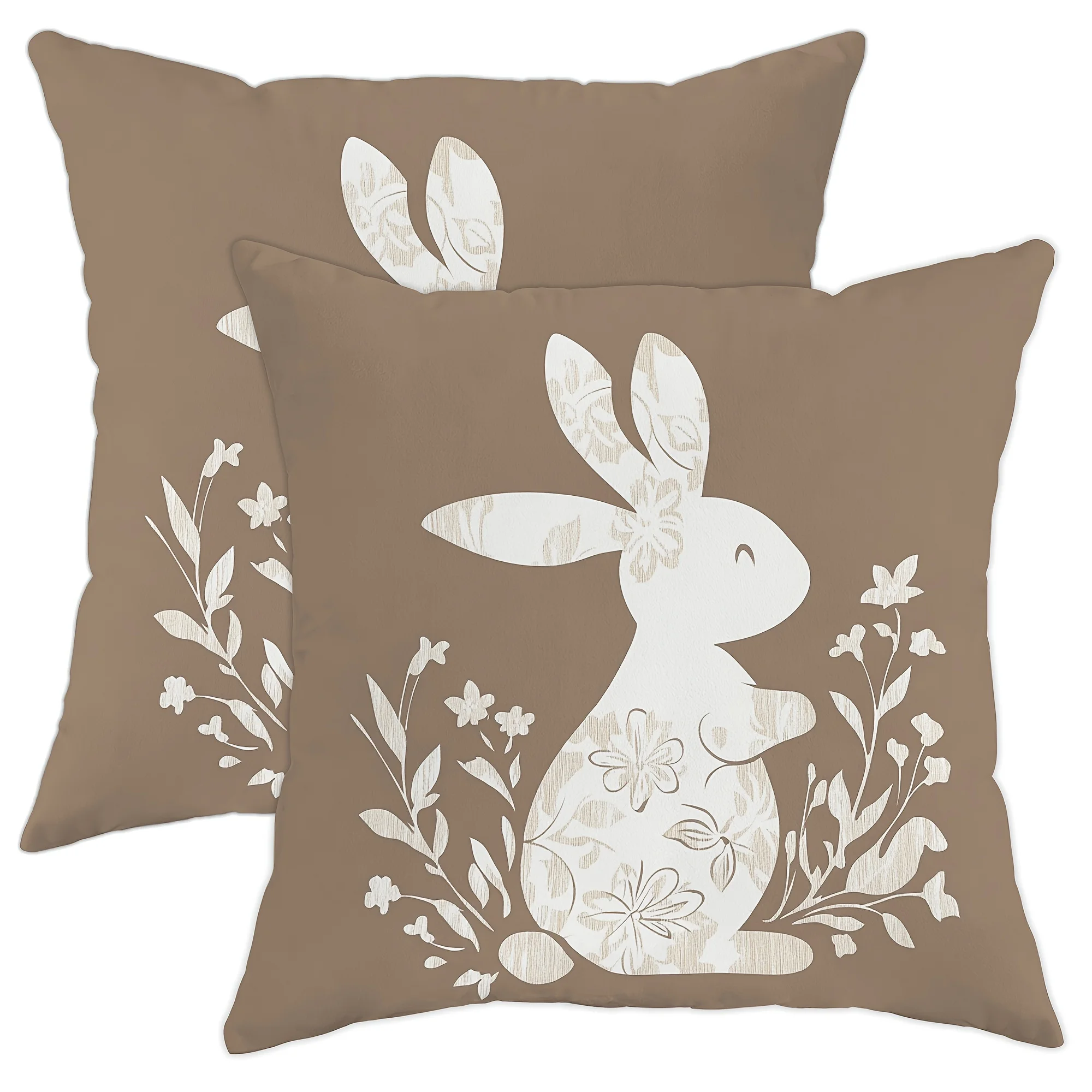 2 Stück Oster-Kissenbezüge, weicher beiger Samt, weißes Hasen-Blumenmuster, rustikale Frühlingsdekoration für Sofa, Schlafzimmer, Wohnzimmer