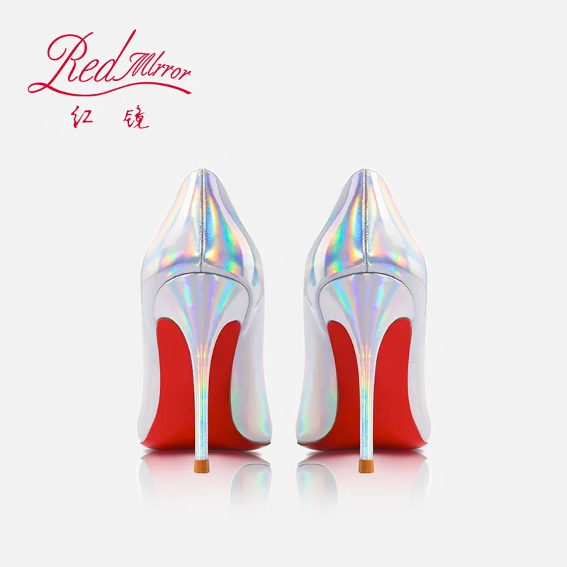 2024 New Red Bottom Pointed High Heels Women\'s Fine Heels Colorful Laser Silver Sexy Party Shallow Mouth Banquet Single Shoes