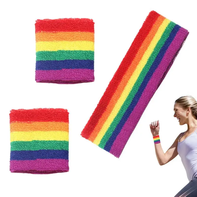 Rainbow wristband headscarf set High Elastic Women Men Outdoor Sports Sweat Band Headband Wristband Workout Tennis Headwrap