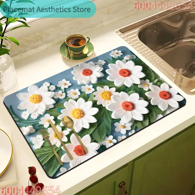 Ländlicher Frischer Stil Blumenmuster Wassermatte für Geschirr Kaffeemaschine Waschmaschine Abtropfmatte Wasserabsorbierende Unterlage Tischset
