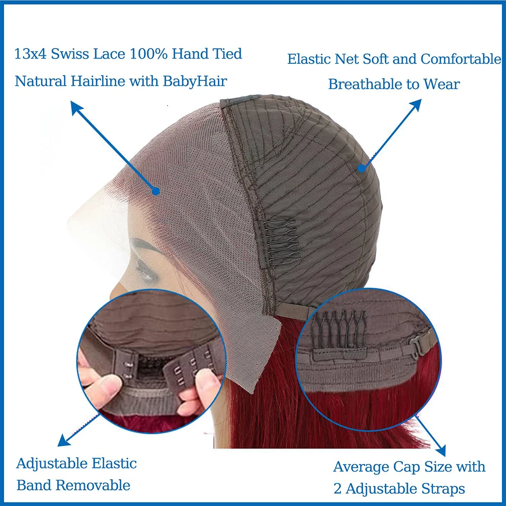 99j Borgogna 36 pollici dritto HD HD parrucca anteriore in pizzo per capelli umani 200 densità 13x6 Glueless parrucca anteriore in pizzo per capelli umani per le donne