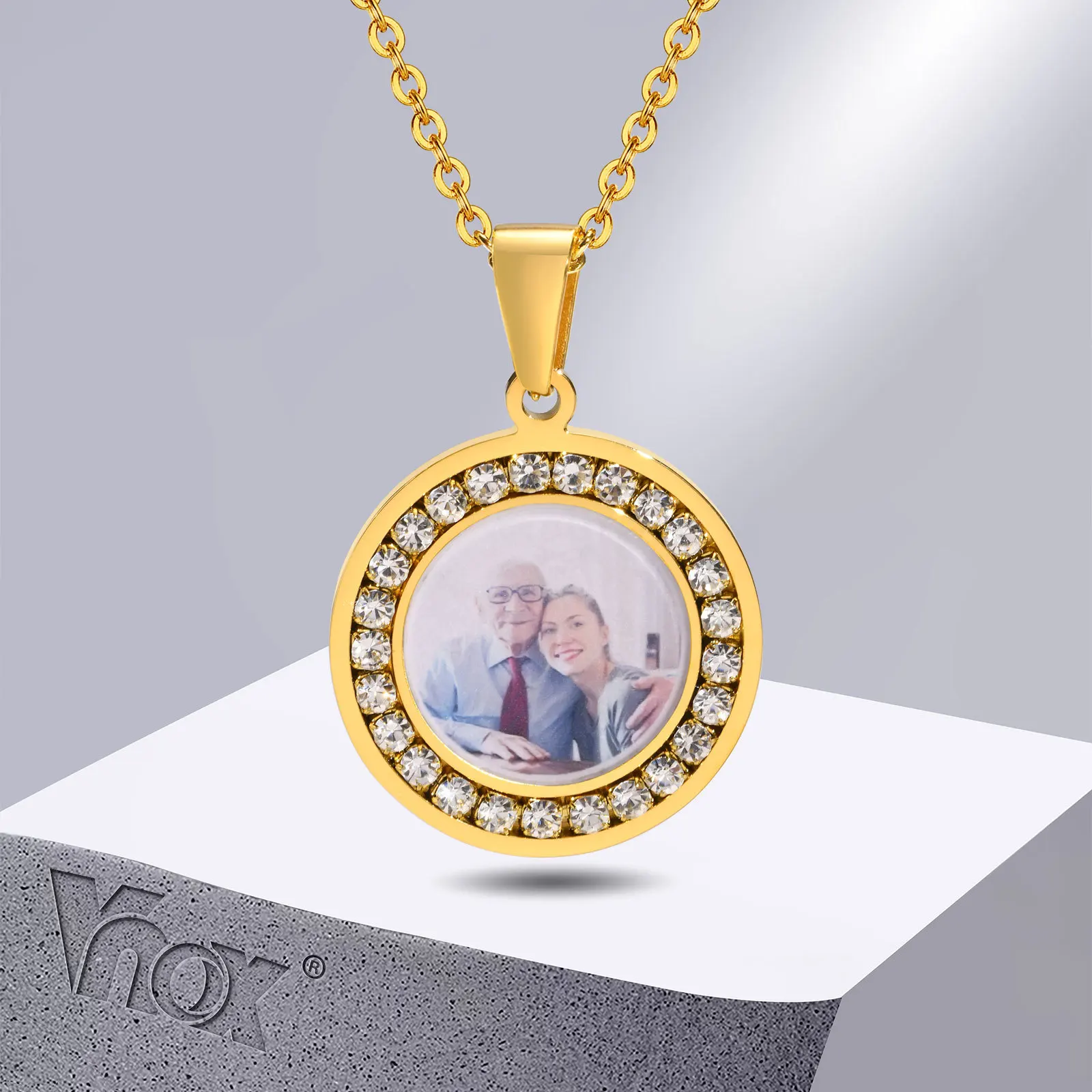 

Ожерелья Vnox с фоторамкой для мужчин и женщин, кулон-монета из нержавеющей стали с камнями AAA CZ, подарок на заказ