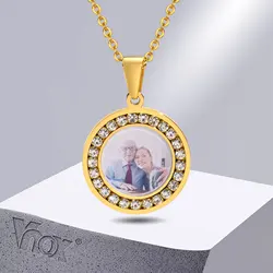 Vnox Photo Frame Necklaces for Men Women, Stainless Steel Coin Pendant with AAA CZ Stones, Customize Love Gift