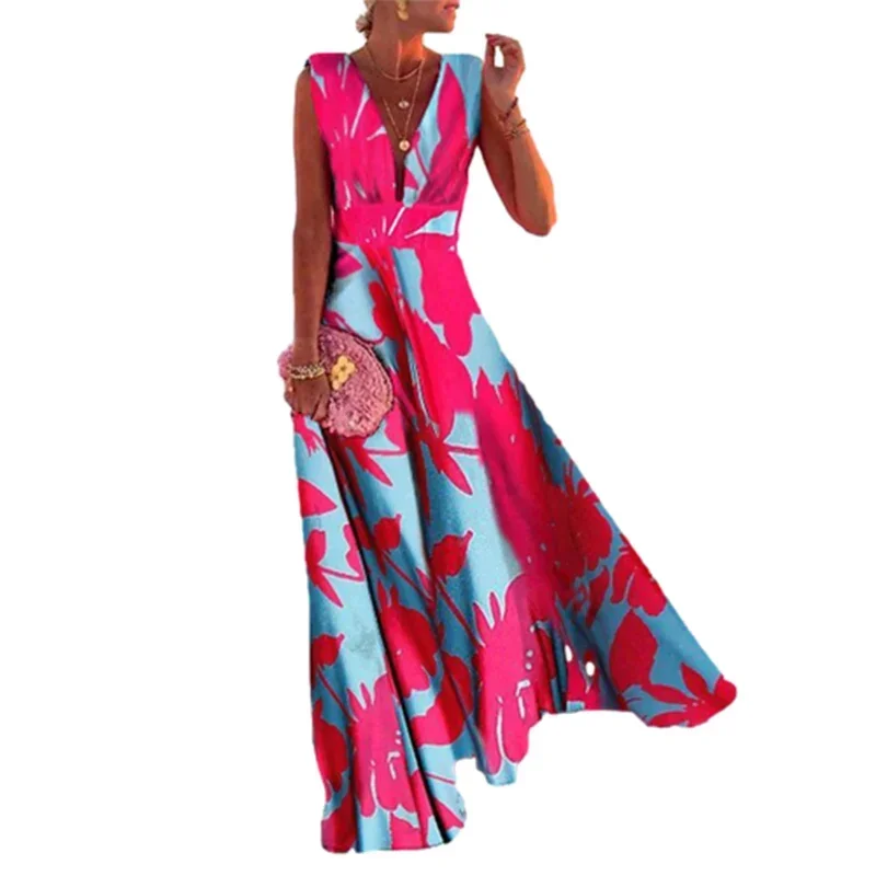 Women High Waist Deep V Neck Pullover Dress Fashion Print Scented French Dresses Female Summer Casual Large Hem Sleeveless Gown