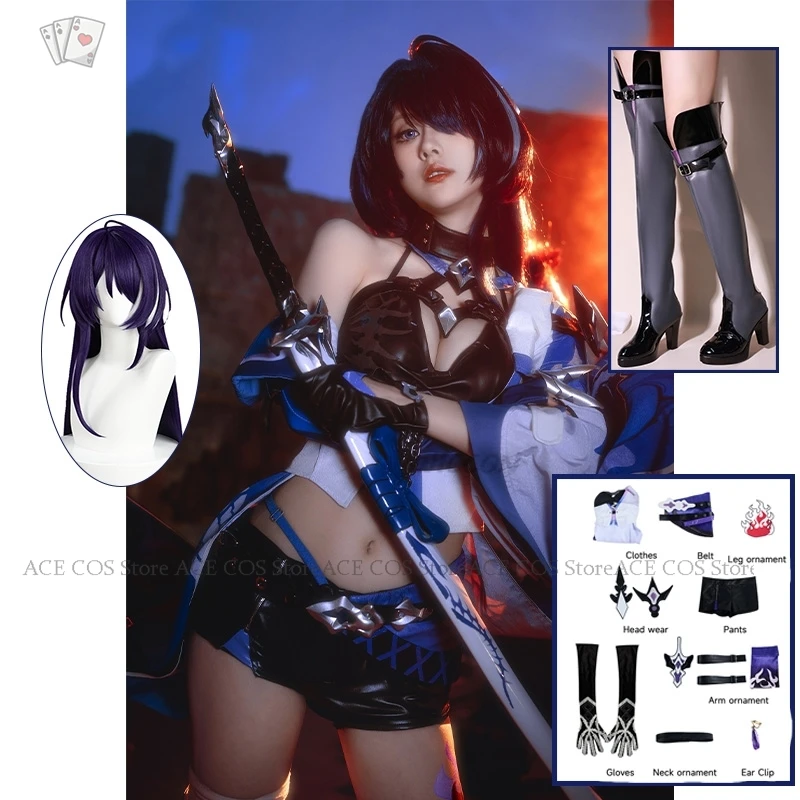 Acheron-Traje cosplay de trilho estrela honkai para mulheres, conjunto completo de vestido, peruca e sapatos, dramatização, roupas de festa de carnaval