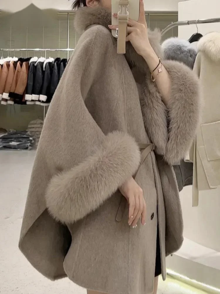 Korean Style Two Sided Cloak Overcoat For Women Fur Collars Belt Loose Long Coats 2026 Winter New 23Z1CHQ