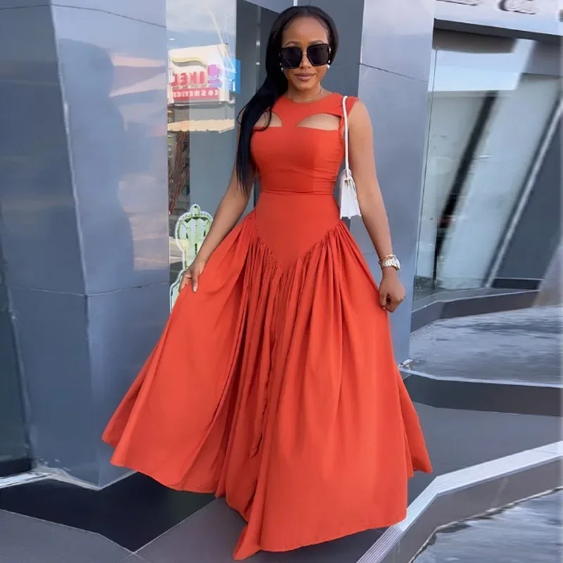 Leosoxs Long Dresses Women Summer Hollow Out Boho Orange Red Party Dress Loose High Waist Maxi Streetwear Elegant Sexy Vestidos