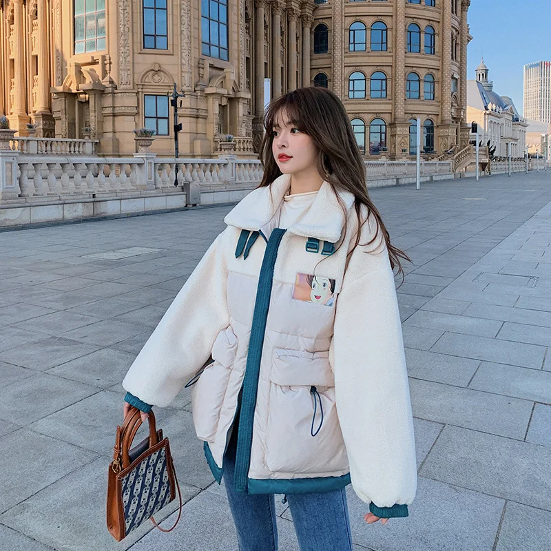 Winter Korean version short style sisters's best friend white lamb wool splicing white duck down jacket female fashion