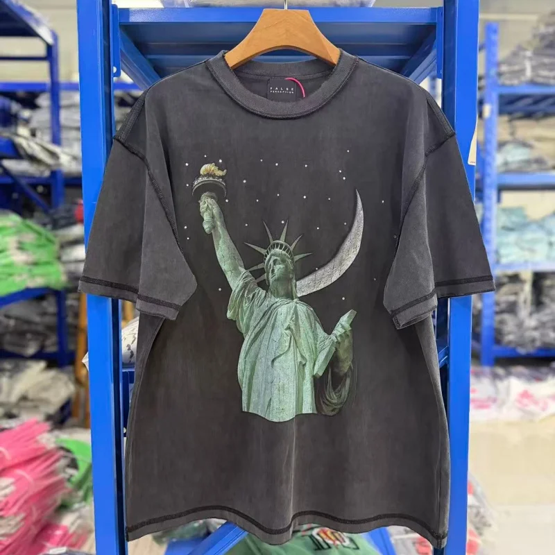 Oversized Vintage Washed T-Shirt Men Liberty Print Reverse Stitch Gothic Streetwear Cotton Tee