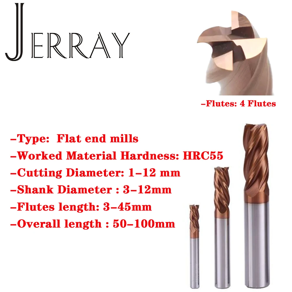 JERRAY HRC55 4 المزامير D1 2 34 5 6 8 10 12 مللي متر كربيد التنغستن مربع نهاية مسطحة المطاحن دوامة بت CNC راوتر بت