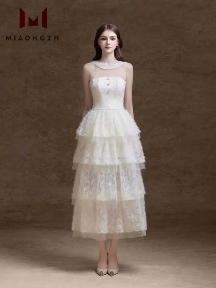 

2025 Fashion New Dress Elegant For Women O Neck Sleeveless Temperament High Waist Stacked Female Solid Party Dresses Summer Chic