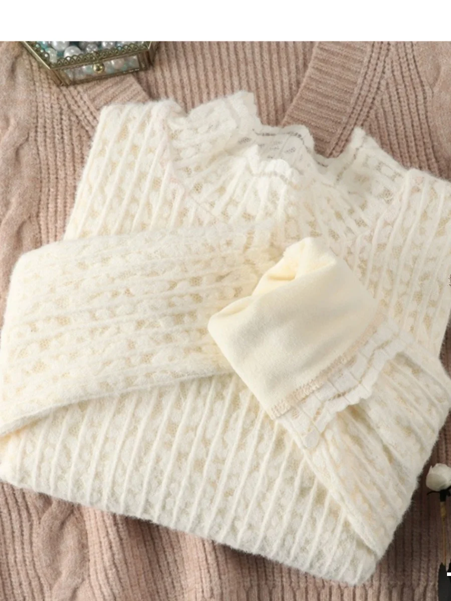 

Fce Lined Long Sve Lace Base irt f High Collar Velvet Plu Me Inner Wear Top Korean Sle Slim Fit Commute Faion